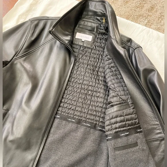 Calvin Klein Men's Genuine Black Leather Jacket, Medium (never worn)